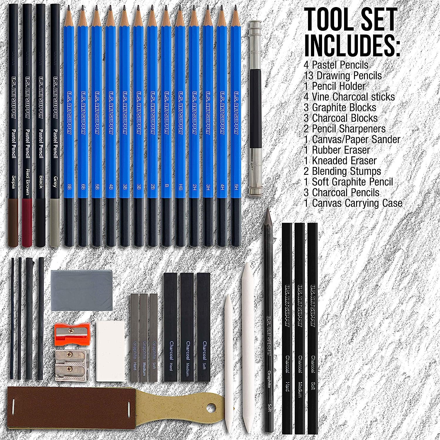 U.S. Art Supply 44-Piece Drawing & Sketching Art Set with 4 Sketch Pads (242 Paper Sheets) - Professional Artist Kit, Graphite, Charcoal, Pastel Pencils & Sticks, Erasers - Pop-Up Carry Case, Student - Image 5